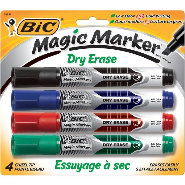  Bic Chisel Tip Dry Erase Magic Markers - Bold Marker Point - Chisel Marker Point Style - Black, Red, Blue, Green Water Based Ink - Acrylic Tip - 4/Set