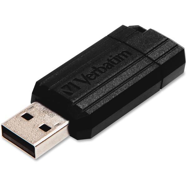 Verbatim 128GB Pinstripe USB Flash Drive - Black - 128 GB - Black - Retractable, Password Protection
