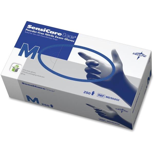 Medline SensiCare Ice Blue Nitrile Exam Gloves - Medium Size - Nitrile - Dark Blue - Powder-free, Comfortable, Chemical Resistant, Latex-free, Beaded Cuff, Textured Fingertip, Non-sterile, Durable - F