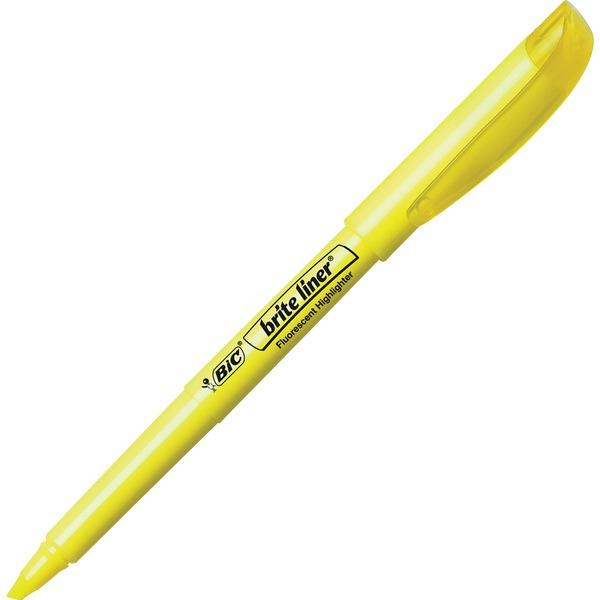 Bic Brite Liner Highlighters - Chisel Marker Point Style - Fluorescent Yellow Water Based Ink - 24/Box