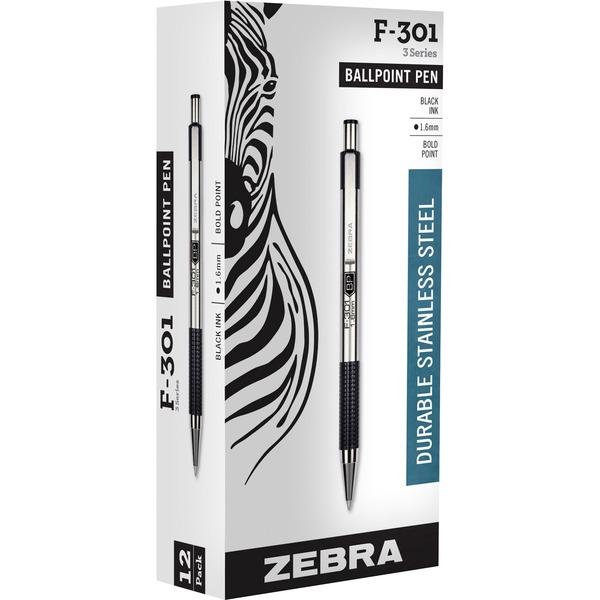 Zebra Pen F-301 Stainless Steel Ballpoint Pen - Bold Pen Point - 1.6 mm Pen Point Size - Refillable - Retractable - Stainless Steel Barrel - 12 / Dozen