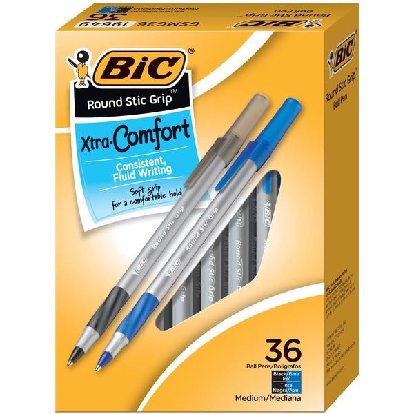 BIC Round Stic Grip Ballpoint Pen - Medium Pen Point - 1.2 mm Pen Point Size - Assorted - Assorted Barrel - Brass Tip - 36 / Box