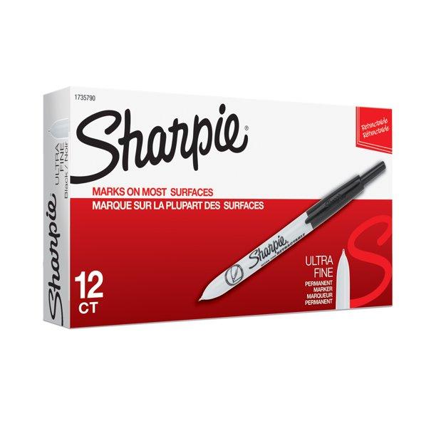 Sharpie Retractable Ultra Fine Point Permanent Marker - Black - 12 / Pack
