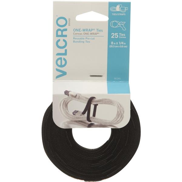VELCRO Brand ONE-WRAP Ties 8in x 1/4in Ties Black 25 ct - Black - 25 Pack - 40 lb Loop Tensile