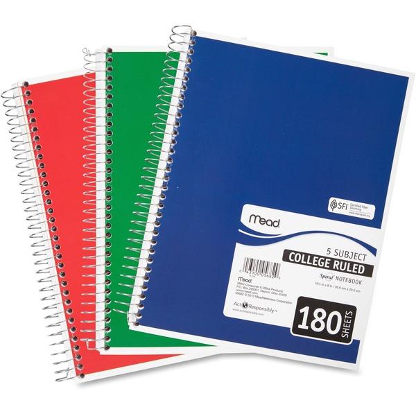 Mead 5-subject Spiral Notebook - 180 Sheets - Wire Bound - College Ruled - 7 1/2