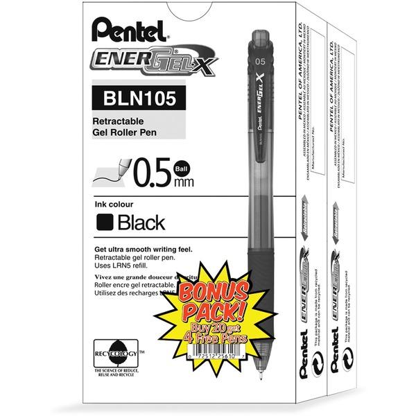 Pentel EnerGel-X Retractable Gel Pens - Fine Pen Point - 0.5 mm Pen Point Size - Needle Pen Point Style - Refillable - Retractable - Black Gel-based Ink - Black Barrel - 24 / Pack
