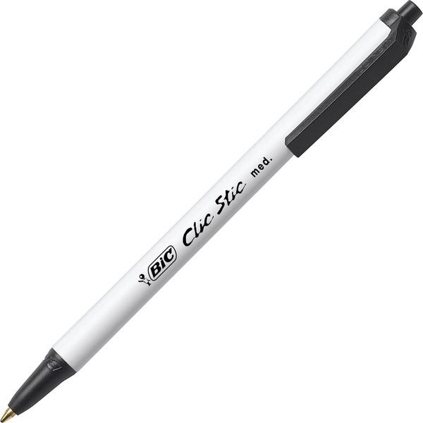 BIC Clic Stic Retractable Ballpoint Pens - Medium Pen Point - Retractable - Black - White Barrel - Brass Tip - 24 / Box
