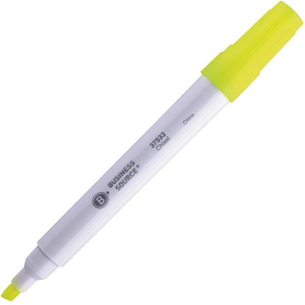 Business Source Chisel Tip Yellow Value Highlighter - Chisel Marker Point Style - Yellow - White Barrel - 12 / Dozen