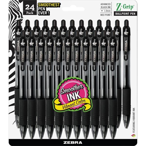 Zebra Pen Z-Grip Retractable Ballpoint Pens - Medium Pen Point - 1 mm Pen Point Size - Retractable - Black - Clear Barrel - 24 / Pack