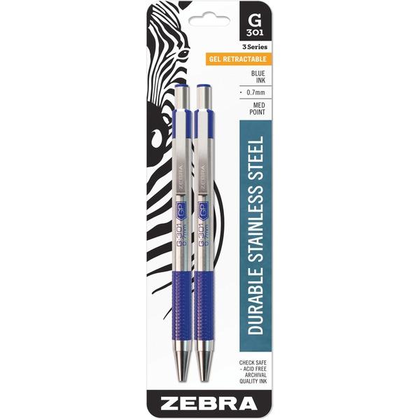 Zebra Pen G-301 Gel Pen - 0.7 mm Pen Point Size - Refillable - Retractable - Blue Gel-based Ink - Stainless Steel Barrel - 2 / Pack