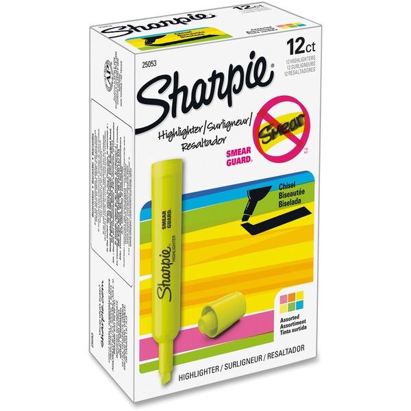 Sharpie SmearGuard Tank Style Highlighters - Chisel Marker Point Style - Fluorescent Yellow, Yellow, Fluorescent Green, Fluorescent Orange, Fluorescent Pink, Blue - 12 / Set