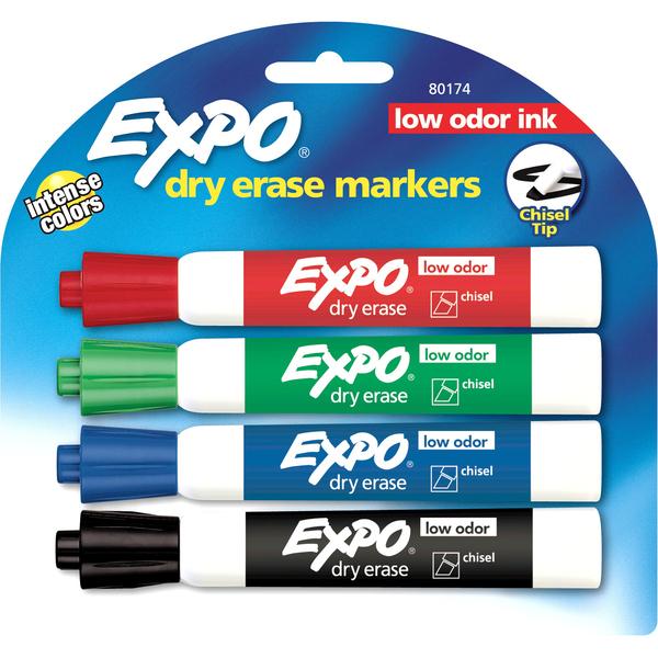 Expo Low Odor Markers - Chisel Marker Point Style - Green, Red, Blue, Black - 4 / Set