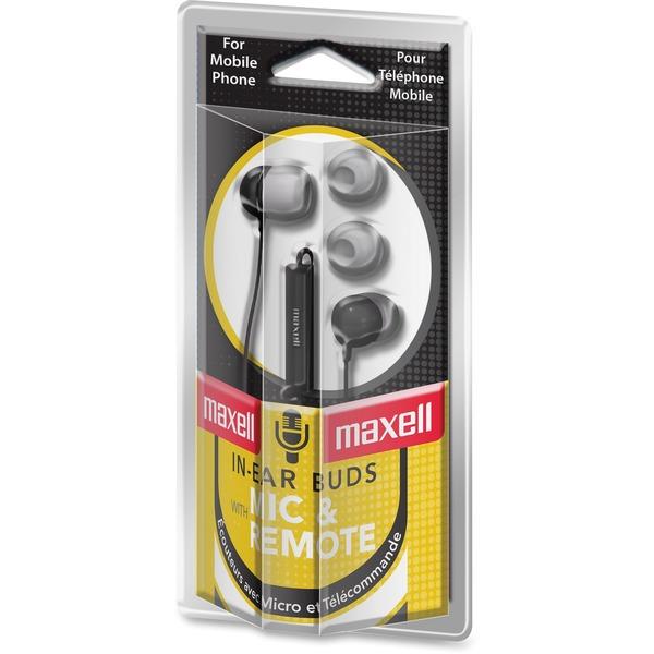 Maxell In-Ear Earbuds with Microphone and Remote - Stereo - Mini-phone - Wired - 16 Ohm - 20 Hz - 20 kHz - Earbud - Binaural - Open - 4 ft Cable - Black