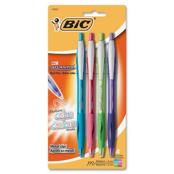  Bic Atlantis Retractable Ball Pens - Medium Pen Point - 1 Mm Pen Point Size - Refillable - Retractable - Purple, Pink, Turquoise, Lime Green - 4/Set