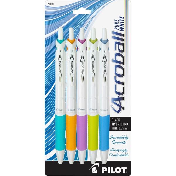 Pilot Acroball .7mm Retractable Pens - Fine Pen Point - 0.7 mm Pen Point Size - Refillable - Retractable - Black Advanced Ink Ink - White Barrel - Tungsten Carbide Tip - 5 / Pack
