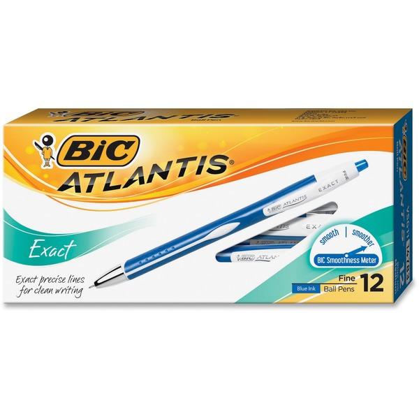 BIC Atlantis Exact Fine Point Ball Pen - Fine Pen Point - Retractable - Blue - Blue, White Barrel - 12 / Dozen