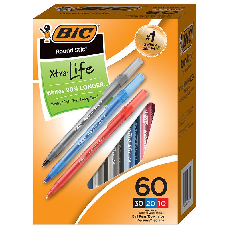 Round Stic® Xtra Life Ballpoint Pens, Medium Point (1.0mm), Assorted, Box of 60