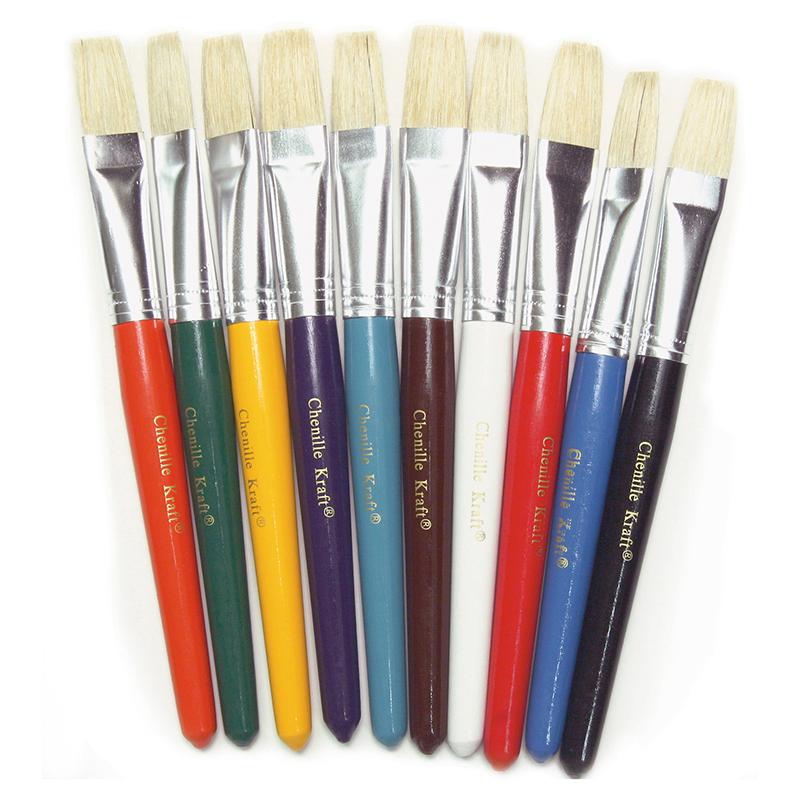Beginner Paint Brushes, Flat Stubby Brushes, 10 Assorted Colors, 7.5