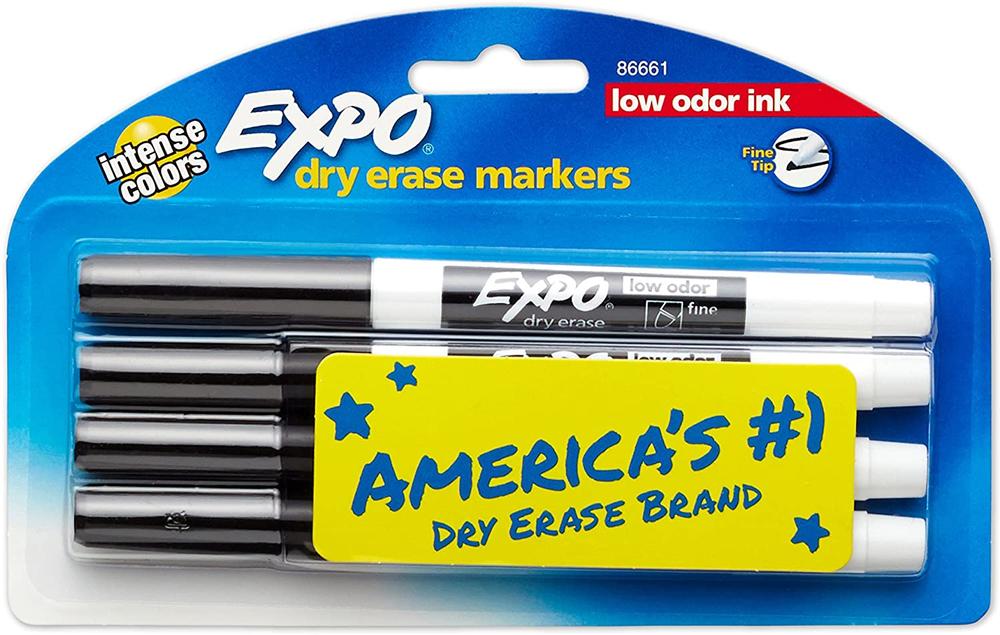 Expo Low-odor Dry Erase Marker, Fine Pt, Black, 4/pk