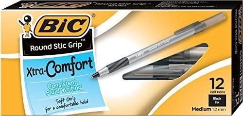 Bic Round Stic Grip Xtra Comfort Fine Point Pens, Black, 12bx (13902)