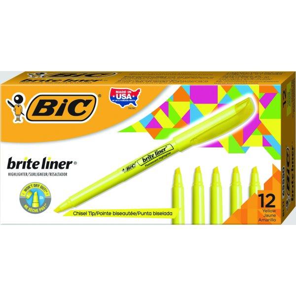 Bic Brite Liner Highlighter Pocket Chisel Tip, Yellow, 12bx (65550)