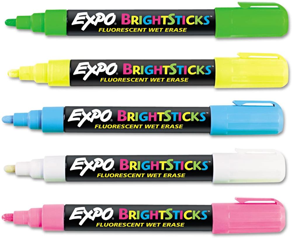  Expo Bright Sticks Marker Set - Bullet Marker Point Style - Pink, Blue, White, Yellow, Green Water Based Ink - Assorted Barrel - 5/Set