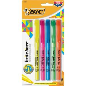 BIC Brite Liner Highlighters - Chisel Marker Point Style - Yellow, Pink, Orange, Blue, Green Water Based Ink - 5 / Set