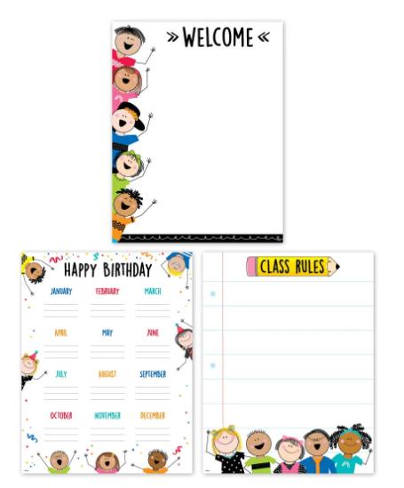 Stick Kids Classroom Essentials 3-chart Pack (welcome, Class Rules, Birthday)