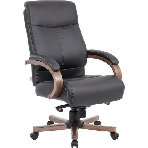 Wood Base Leather High-back Executive Chair, Black Leather Back