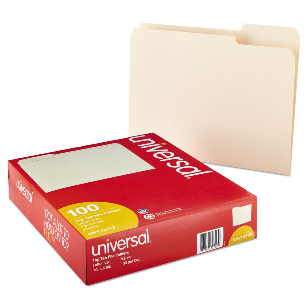  Universal File Folders, 1/3 Cut Assorted, One- Ply Top Tab, Letter, Manila, 100/Box (12113)