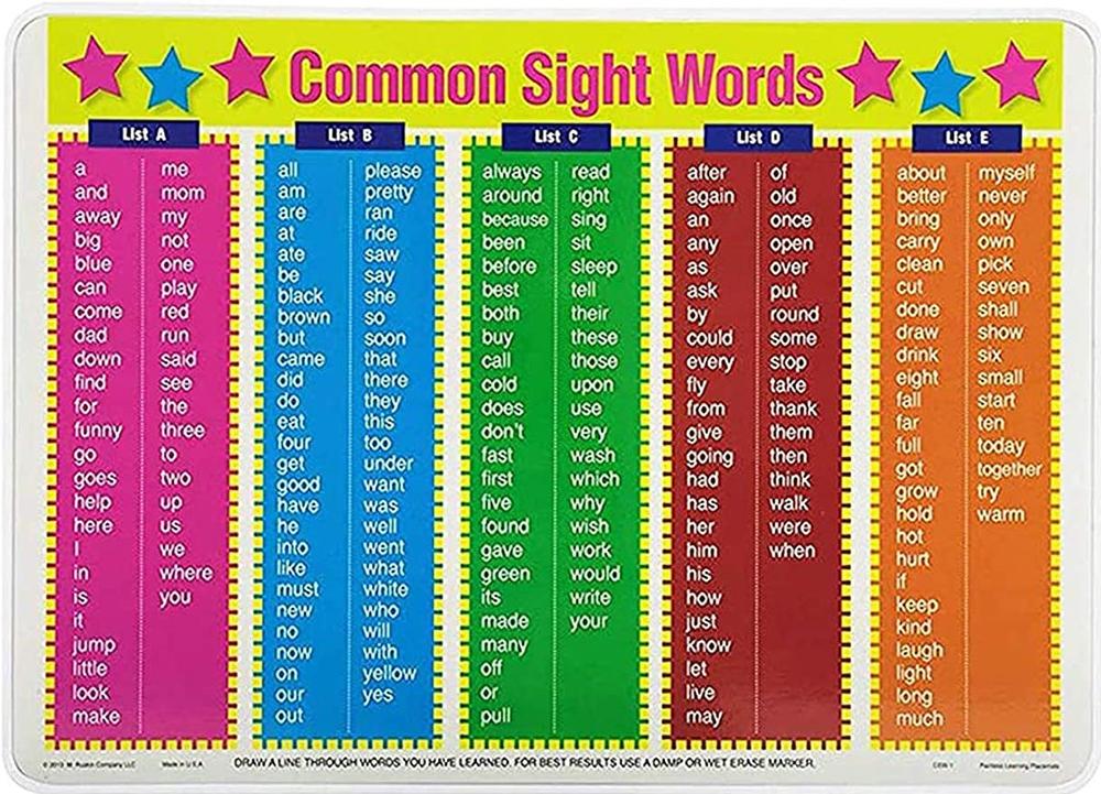 Common Sight Words Laminated Placemat