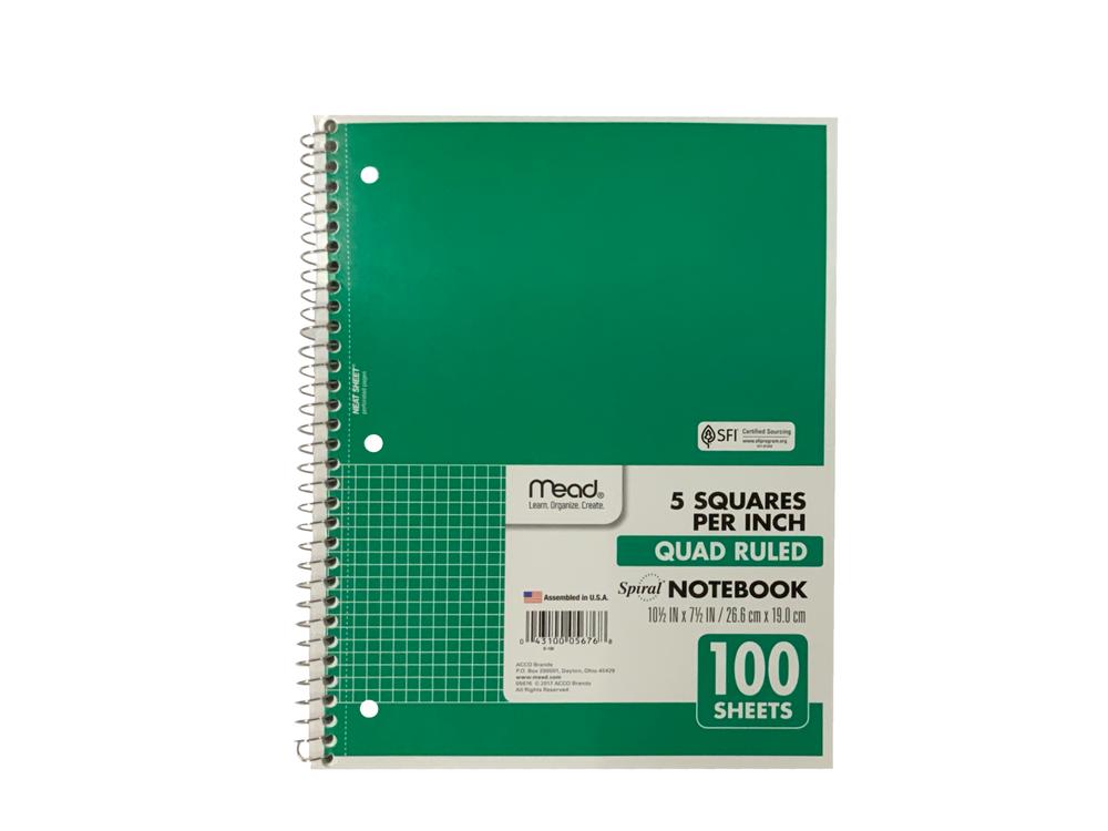 Mead Spiral 1 Subject Notebook, 100ct, Quad-Rule