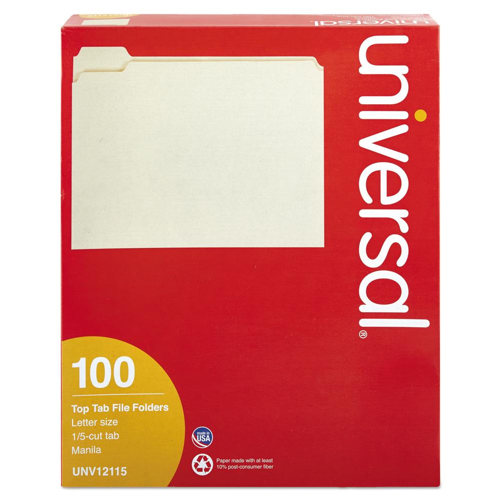 Universal File Folders, 1/5 Cut Assorted, One-Ply Top Tab, Letter, Manila, 100/Box (12113)
