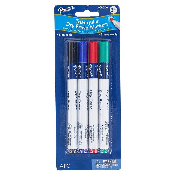 Triangular Dry Erase Markers, 4 Asstd Colors, Bullet Tip, 4 Markers