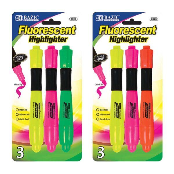 Fluorescent Highlighter  - 3 / Pk.  W/ Cushion Grip  - Assorted