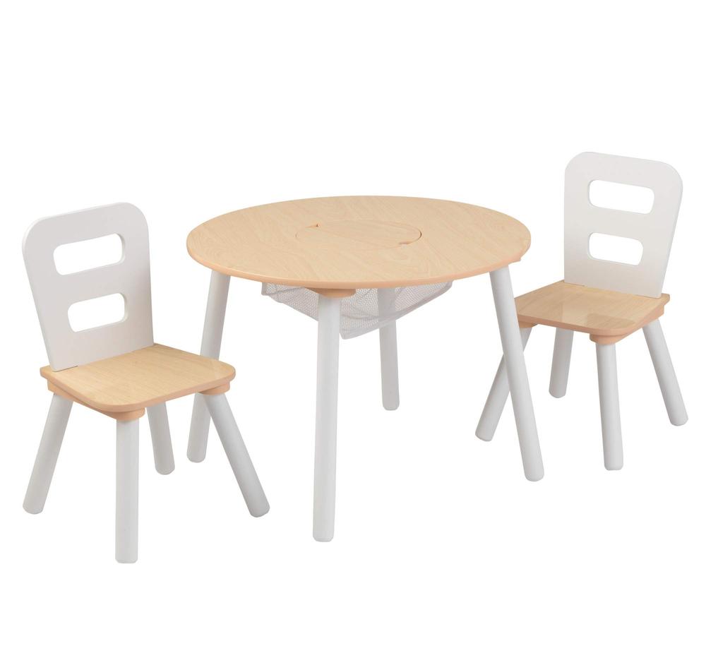  Round Storage Table & 2 Chair Set- Natural & White