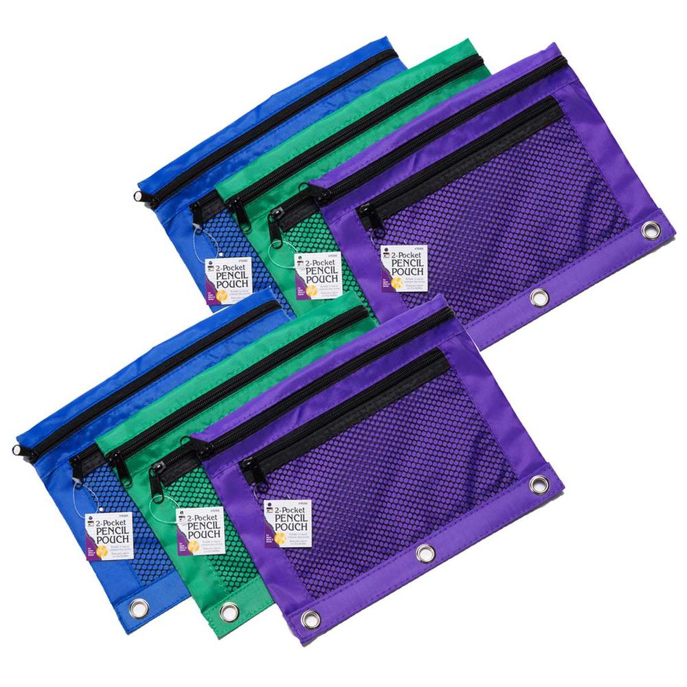 Pencil Pouch - 2 Pocket with Mesh Front - Assorted Colors - 6/Bag