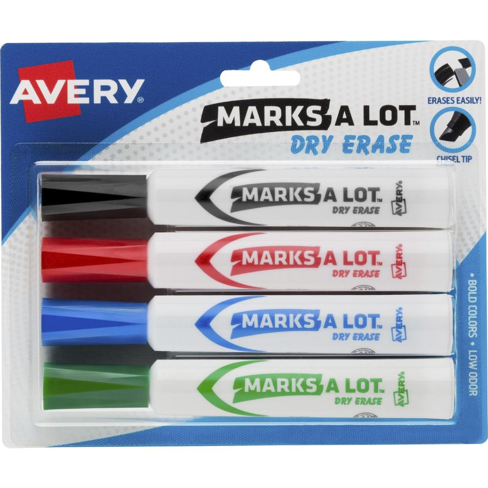 Avery® Marks A Lot Desk-Style Dry-Erase Markers - Broad Marker Point - Chisel Marker Point Style - Blue, Black, Red, Green - 4 / Pack