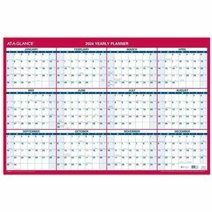 At-A-Glance Reversible Paper Yearly Wall Planner - Julian Dates - Yearly - 12 Month - January 2024 - December 2024 - 36